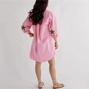 Caryn Lawn Preppy Star Cotton Tunic Shirt Dress Pink Green One Size